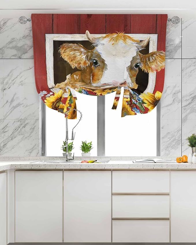 Tie Up Curtains for Windows, Cows Sunflowers Adjustable Balloon Nature Linen Textured Kitchen Curtain, Spring Floral Bees Farmhouse Barn Decorative Tie Up Curtain for Window, 52" x 45"