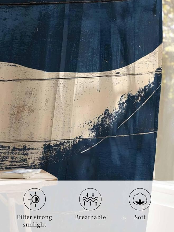 Sheer Curtains 84 Inches Long, Ocean Whale Blue Semi Sheer Curtains Light Filtering Window Treatment, Summer Coastal Vintage Wood Grain Privacy Voile Drapes for Living Room Bedroom 52x84 Inch