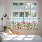 Easter Kitchen Tier Curtains 36 Inch Long 2 Panel Set,Rod Pocket Half Window Curtains Over Sink,Spring Bunny Colorful Eggs Tulip Flowers Blue Check Light Filtering Short Drapes Cafe 27.5"W x 36"L