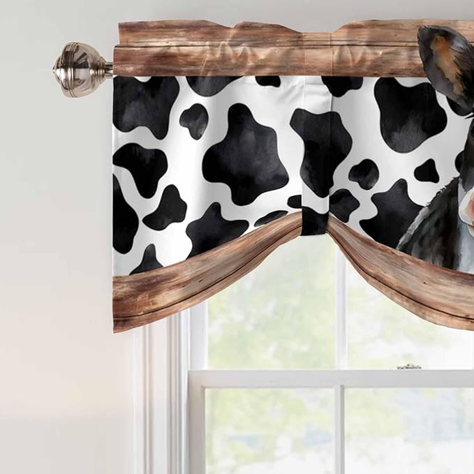 Cow Printed Tie Up Valance Curtains for Windows, Kitchen Curtains Window Shades, Farmhouse Watercolor Country Wooden Grain Light Filtering Roman Curtain Valances for Bedroom/Bathroom/Cafe 60"x18"