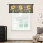 Summer Sunflower Sheer Valance Curtains, Yellow Floral Plants Bees Brown Wood Grain Light Filtering Kitchen Valances Rod Pocket Voile Curtain Window Treatment for Bedroom/Living Room/Basement 54Wx18L