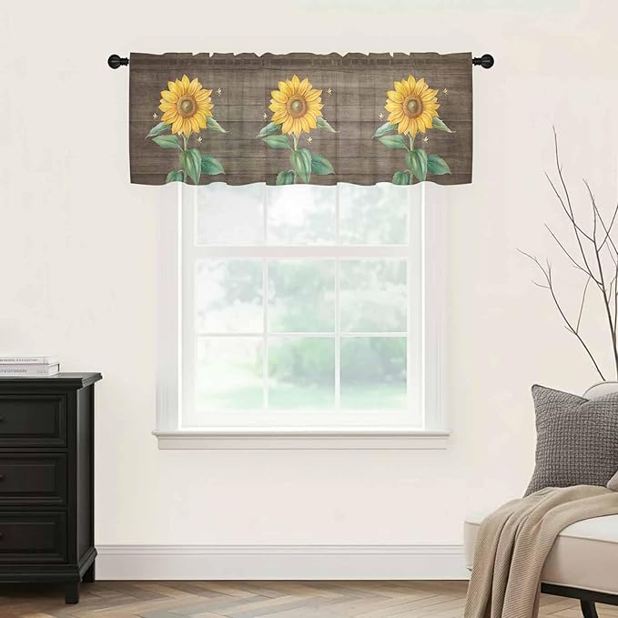 Summer Sunflower Sheer Valance Curtains, Yellow Floral Plants Bees Brown Wood Grain Light Filtering Kitchen Valances Rod Pocket Voile Curtain Window Treatment for Bedroom/Living Room/Basement 54Wx18L