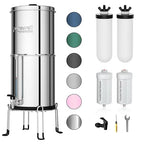 Purewell 8-Stage Gravity Fed Water Filter System, 2.25 Gallon Stainless Steel Countertop System with 4 Filters, Metal Water Level Spigot and Stand, Reduce Fluoride and Chlorine, PW-OBT-CF