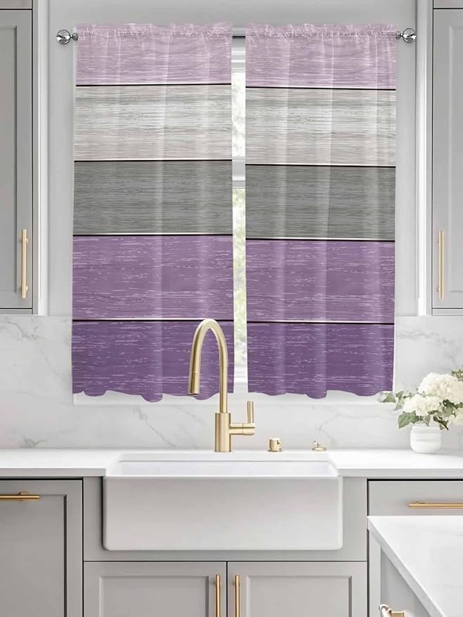 Country Wood Board Gray Purple Window Valance Curtains, Farmhouse Gradient Plank Light Filtering Kitchen Valance with 3-inch Rod Pocket for Living Room Bathroom Bedroom,2 Panel,52x72In