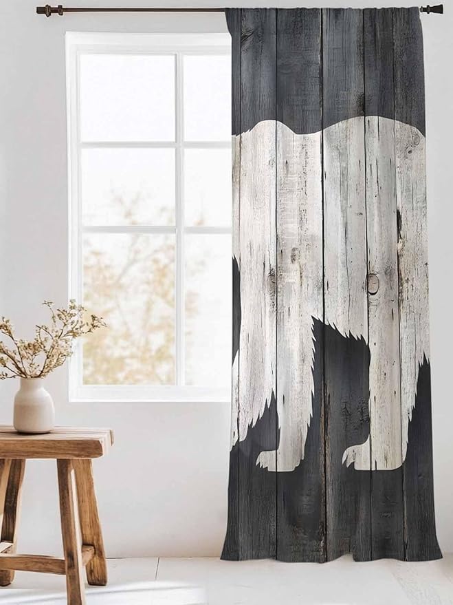 Sheer Curtains 108 Inches Long, White Brown Bear Semi Sheer Curtains Light Filtering Window Treatment, Rustic Counrty Vintage Wood Grain Privacy Voile Drapes for Living Room Bedroom 52x108 Inch