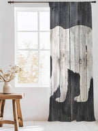 Sheer Curtains 84 Inches Long, White Brown Bear Semi Sheer Curtains Light Filtering Window Treatment, Rustic Counrty Vintage Wood Grain Privacy Voile Drapes for Living Room Bedroom 52x84 Inch
