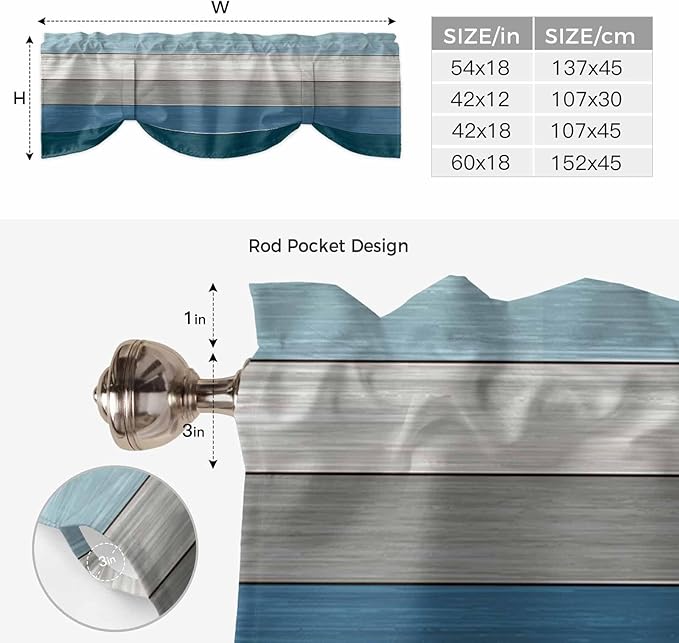 Blue Ombre Wooden Tie Up Valance Curtains for Windows, Kitchen Curtains Window Shades, Farmhouse Retro Wood Gradient Light Filtering Roman Curtain Valances for Bedroom/Bathroom/Cafe 54"x18"