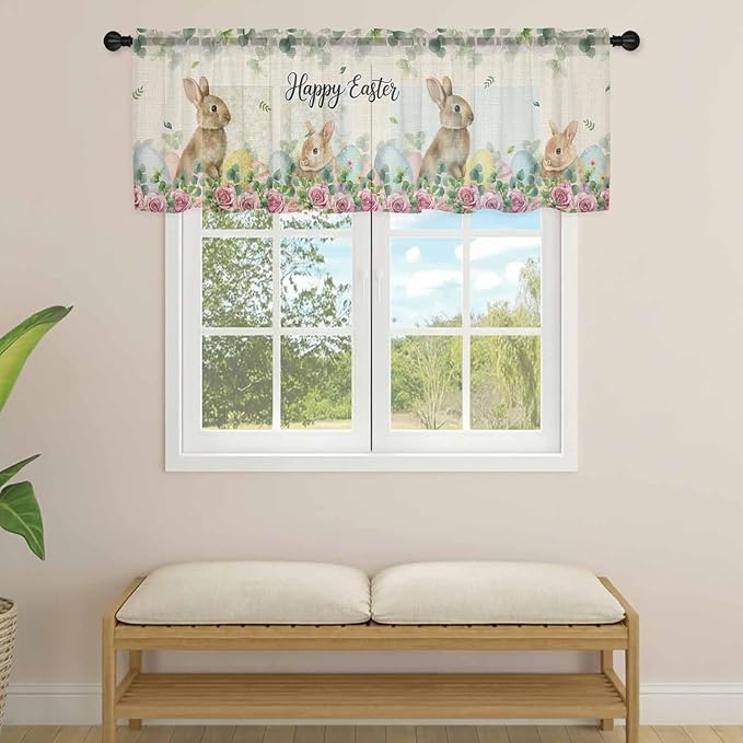 Easter Sheer Valances for Windows 42"x18", Light Filtering Kitchen Curtains Valance, Spring Watercolor Bunny Eggs Flower Leaf Beige Rod Pocket Chiffon Curtains for Living Room Bedroom Cafe