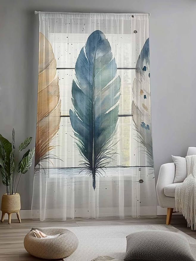 Sheer Curtains 96 Inches Long, Boho Blue Feathers Semi Sheer Curtains Light Filtering Window Treatment, Country Vintage Wooden Grain Privacy Voile Drapes for Living Room Bedroom 52x96 Inch