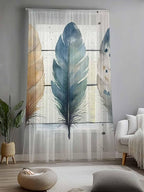 Sheer Curtains 96 Inches Long, Boho Blue Feathers Semi Sheer Curtains Light Filtering Window Treatment, Country Vintage Wooden Grain Privacy Voile Drapes for Living Room Bedroom 52x96 Inch