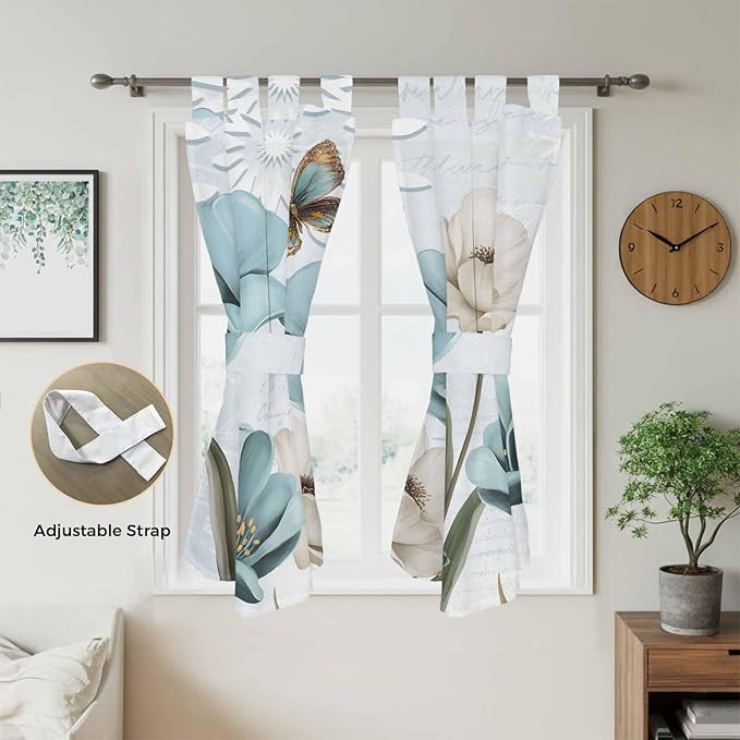 Blue Tulips Bathroom Curtains 63 Inch Length, Window Curtains Tab Top, Watercolor Flowers Butterfly Spring Farmhouse Blue Light Filtering Window Treatments Drapes 52"x63" 2 Panel