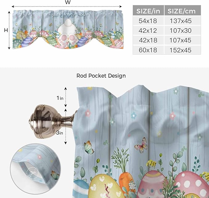 Spring Easter Tie Up Valance Curtains for Windows, Kitchen Curtains Window Shades, Rabbit Ears Foot Colorful Eggs Wooden Plank Light Filtering Roman Curtain Valances for Bedroom/Bathroom/Cafe 42"x18"