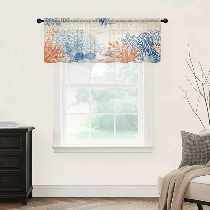 Ocean Corals Sheer Valance Curtains, Summer Beach Coral Sea Stars Retro Texture Light Filtering Kitchen Valances Rod Pocket Voile Curtain Window Treatment for Bedroom/Living Room/Basement 42Wx12L