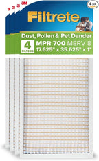 Filtrete 17 5/8x35 5/8x1 AC Furnace Air Filter, MERV 8, MPR 700, Tough on Pollen, Easy on Airflow, 3-Month Pleated 1-Inch Electrostatic Air Cleaning Filter,4-Pack (Actual Size 17.44 x 35.44 x 0.65 in)