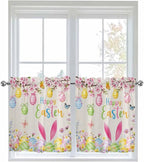 Happy Easter Half Window Curtain 36 Inches Long, Spring Farmhouse Bunny Eggs Flower Beige Window Treatment Curtain Drapes, Small Tier Curtains for Bathroom Over Sink, 27.5"x36", 2 Panels