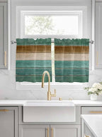 Vintage Plank Turquoise Brown Window Valance Curtains, Farmhouse Wood Grain Light Filtering Kitchen Valance with 3-inch Rod Pocket for Living Room Bathroom Bedroom,2 Panel,27.5x36In