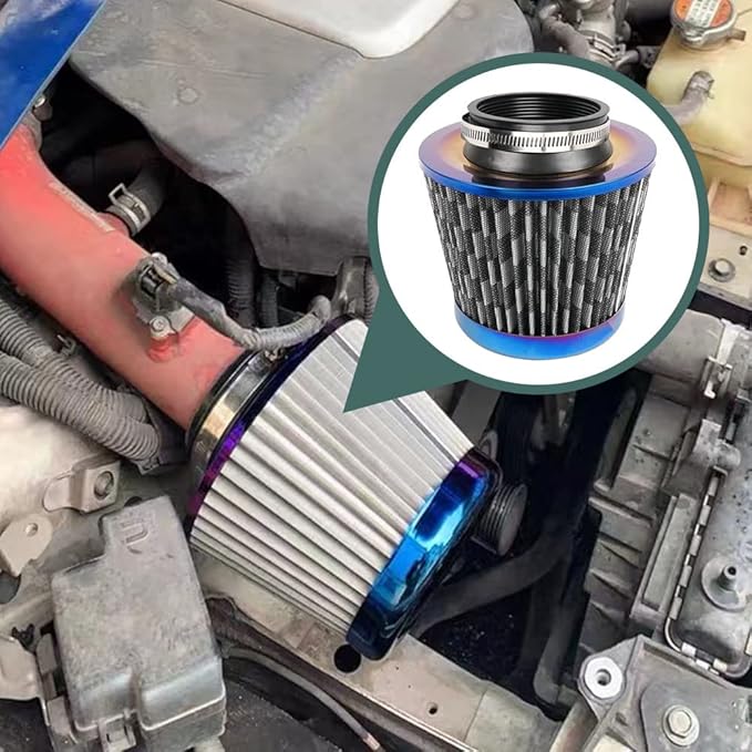 Cold Air Intake Filter, High Performance, Washable Filter, Clamp-On Replacement Air Filter, Flange Diameter 3inch/76mm Carbon Fiber Pattern