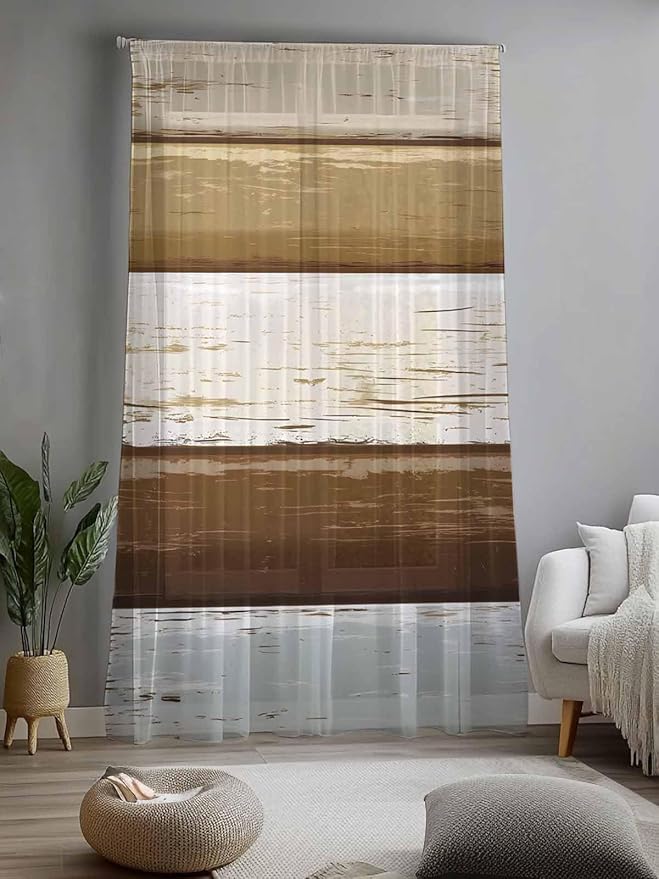 Sheer Curtains 96 Inches Long, Wood Grain Brown Semi Sheer Curtains Light Filtering Window Treatment, Farmhouse Vintage Country Geometric Privacy Voile Drapes for Living Room Bedroom 52x96 Inch
