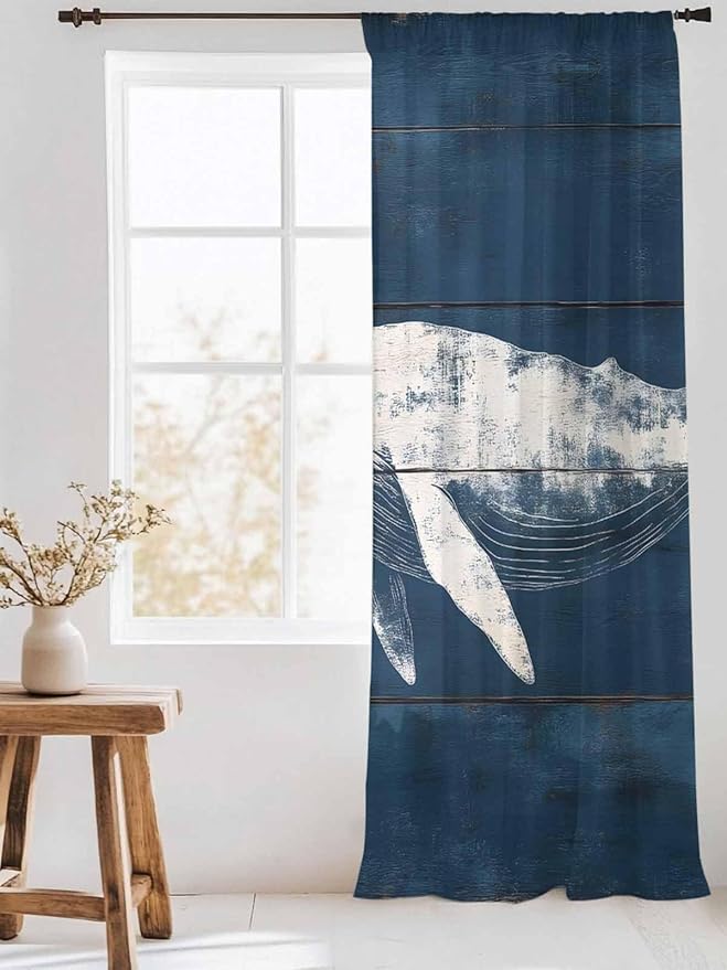 Sheer Curtains 96 Inches Long, Summer Whale Semi Sheer Curtains Light Filtering Window Treatment, Ocean Vintage Wooden Grain Blue Privacy Voile Drapes for Living Room Bedroom 52x96 Inch