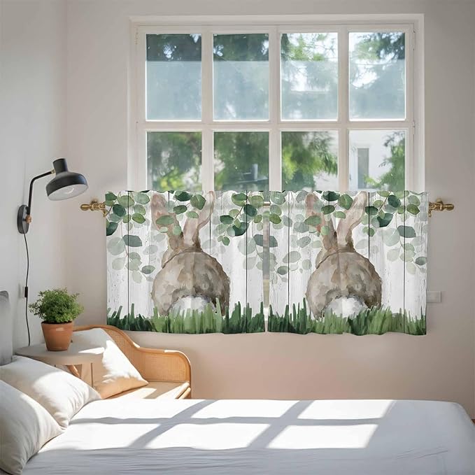Easter Tier Curtains, Country Rabbit Botanical Leaves Wooden Grain Light Filtering Kitchen Curtains, 2Pcs Rod Pocket Half Window Treatments Panels for Sink Cafe Cabinet Camper 27.5x24 Inches