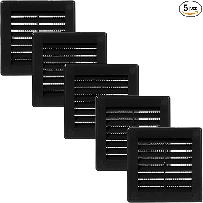 Vent Systems 3" x 3" Inch (Opening Dimensions) - Pack of 5 - Plastic Black Soffit Vent Cover - Flat Square Air Vent Grille - Air Vent Deflector - HVAC 4" x 4" Inch (Overall Dimensions)