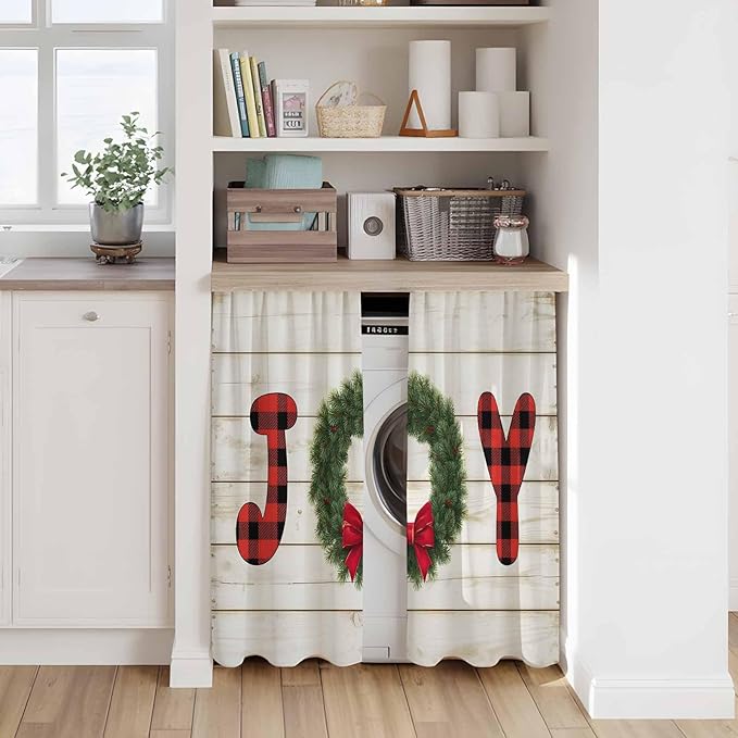 Christmas Wreaths Kitchen Curtains 54 Inch Long 2 Panel Set,Rod Pocket Window Curtains Panels,Winter Bow Plaid Farmhouse Wooden Grain Light Filtering Drapery Draperies for Bathroom Bedroom 52"W x 54"L