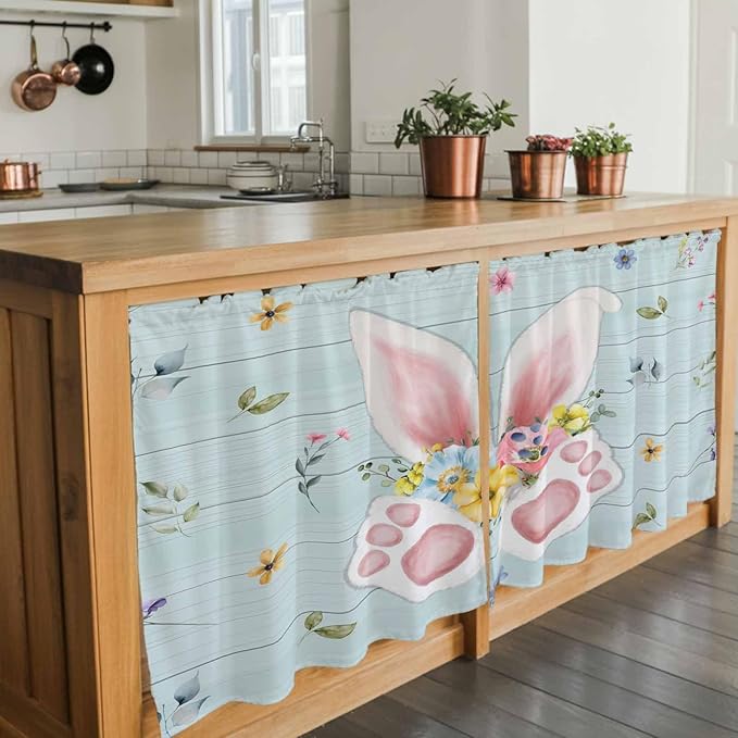 Easter Kitchen Tier Curtains 24 Inch Long 2 Panel Set,Rod Pocket Cafe Small Window Curtains Over Sink,Spring Rabbits Ears Feet Flowers Wooden Grain Light Filtering Short Drapes 27.5"W x 24"L