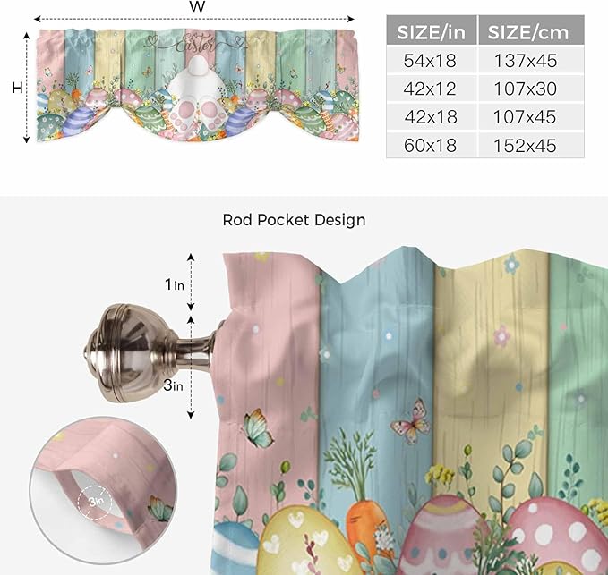 Easter Tie Up Valance Curtains for Windows, Kitchen Curtains Window Shades, Spring Rabbit Ears Foot Eggs Floral Wooden Grain Light Filtering Roman Curtain Valances for Bedroom/Bathroom/Cafe 42"x12"
