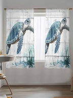 Sheer Curtains 72 Inches Long, Teal Green Sea Turtle Semi Sheer Curtains Light Filtering Window Treatment, Summer Ocean Vintage Wood Grain Privacy Voile Drapes for Living Room Bedroom 52x72 Inch