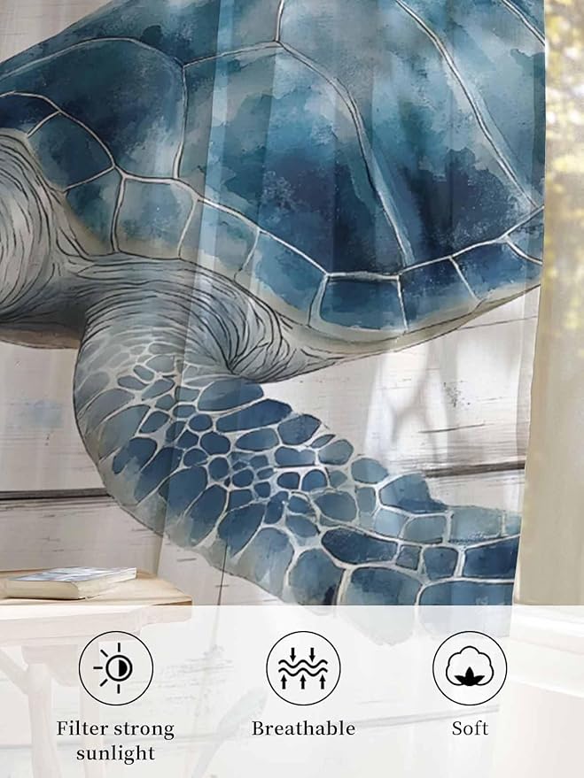 Sheer Curtains 72 Inches Long, Ocean Sea Turtle Semi Sheer Curtains Light Filtering Window Treatment, Coastal Seaweed Vintage Wood Grain Privacy Voile Drapes for Living Room Bedroom 52x72 Inch