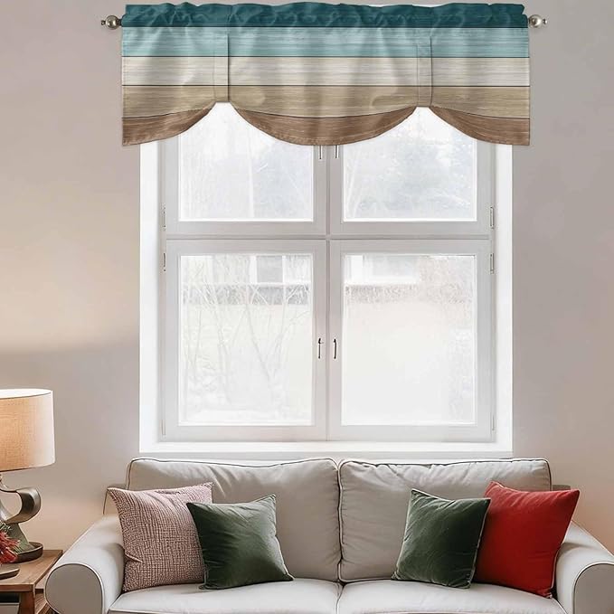 Teal Brown Tie Up Valance Curtains for Windows, Kitchen Curtains Window Shades, Farmhouse Vintage Abstract Wooden Grain Light Filtering Roman Curtain Valances for Bedroom/Bathroom/Cafe 42"x12"