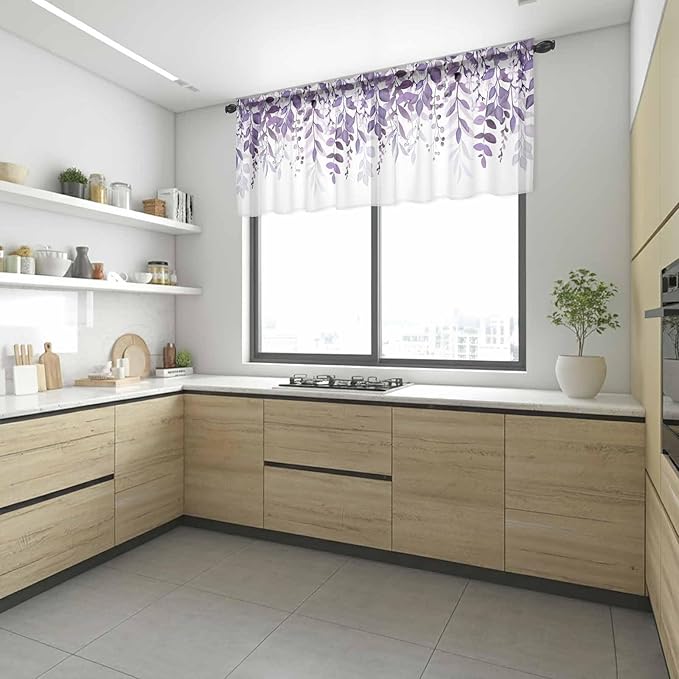 Eucalyptus Leaves Sheer Valance Curtains, Purple Leaves Idyllic Winds Farmhouses Light Filtering Kitchen Valances Rod Pocket Voile Curtain Window Treatment for Bedroom/Living Room/Basement 42Wx18L