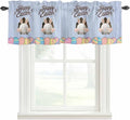Blue Easter Curtain Valances for Windows, Kitchen Valance Window Treatment, Spring Cartoon Bunny Colorful Eggs Wood Grain Light Filtering Block Curtains for Bathroom/Bedroom/Living Room 42'' x 18''