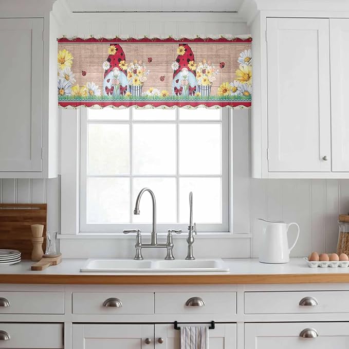 Ladybug Gnome Sheer Valance Curtains, Country Summer Rustic White Yellow Daisy Floral Wood Grain Light Filtering Kitchen Valances Rod Pocket Voile Curtain for Bedroom/Living Room/Basement 54Wx18L