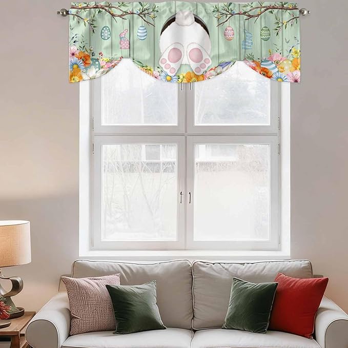Easter Tie Up Valance Curtains for Windows, Kitchen Curtains Window Shades, Spring Watercolor Bunny Eggs Wooden Grain Green Light Filtering Roman Curtain Valances for Bedroom/Bathroom/Cafe 54"x18"