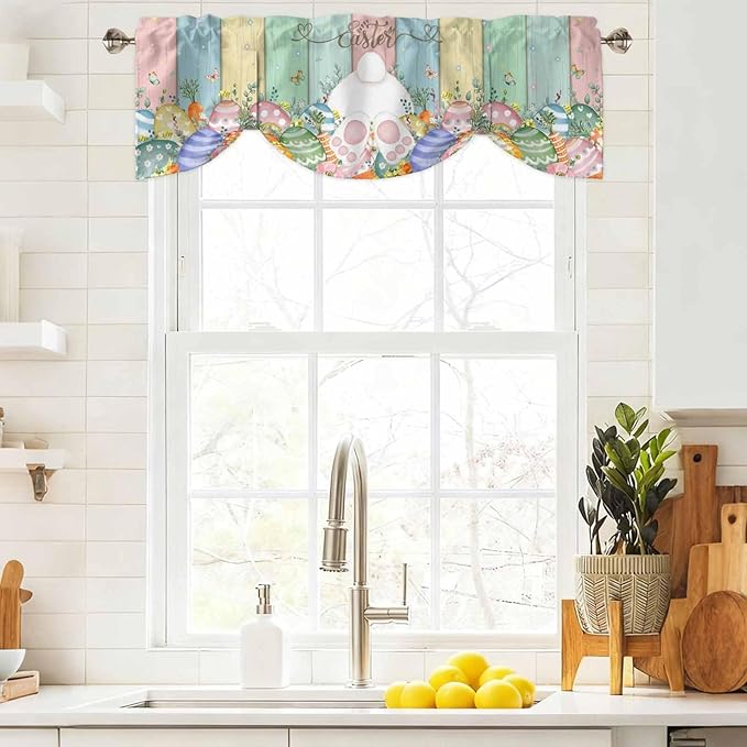 Easter Tie Up Valance Curtains for Windows, Kitchen Curtains Window Shades, Spring Rabbit Ears Foot Eggs Floral Wooden Grain Light Filtering Roman Curtain Valances for Bedroom/Bathroom/Cafe 42"x12"