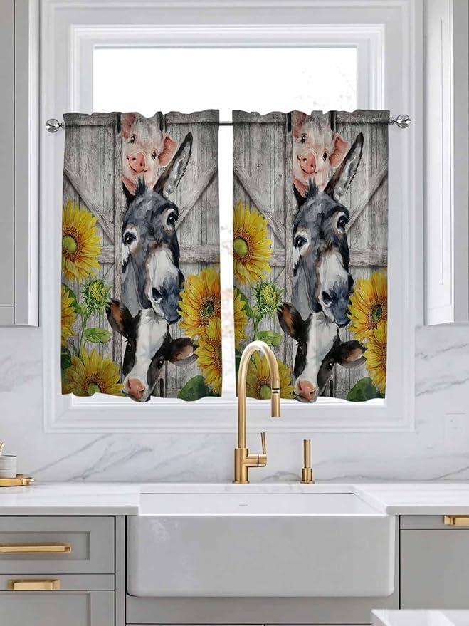 Farmhouse Kitchen Curtains 54 Inches length, Vintage Sunflowers Animals Printed Wood Grain Window Treatment Curtain Drapes, Thermal Insulated Drapes for Basement Hotel RV, 42"x54", 2 Panels