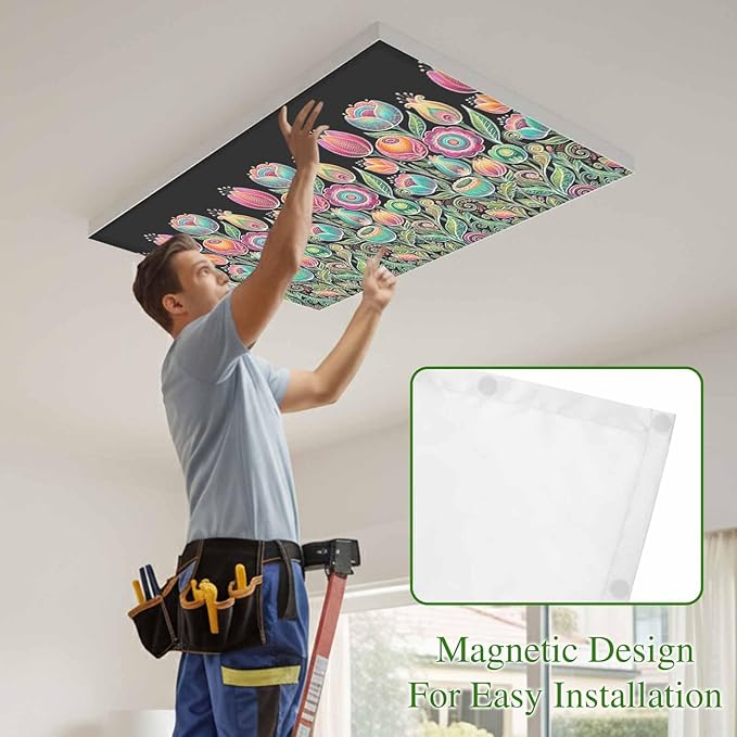 Fluorescent Light Covers for Ceiling Lights Colorful Flowers Magnetic Light Filters 2 Pack 4x2 ft Abstract Lines Floral Ceiling Lights Cover for Classroom Office School Home Drop Lamp Decor