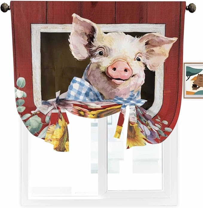 Tie Up Curtains for Windows, Pig Sunflowers Adjustable Balloon Nature Linen Textured Kitchen Curtain, Eucalyptus Leaves Floral Bees Red Barn Privacy Curtains Balloon Blind for Cafe, 42 x 63 Inches