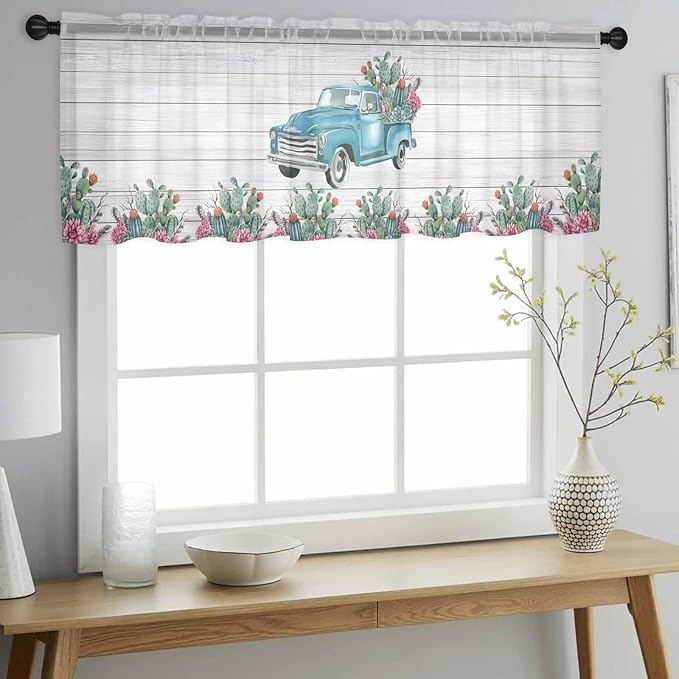 Farmhouse Sheer Valance Curtains, Summer Blue Car with Cactus Succulents Wood Grain Light Filtering Kitchen Valances Rod Pocket Voile Curtain Window Treatment for Bedroom/Living Room/Basement 42Wx18L
