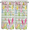 Happy Easter Bedroom Curtains 63 Inches length, Spring Bunny Eggs Flower Sage Green Plaid Window Treatment Curtain Drapes, Rod Pocket Curtain Panels for Living Room Kitchen, 42"x63", 2 Panels