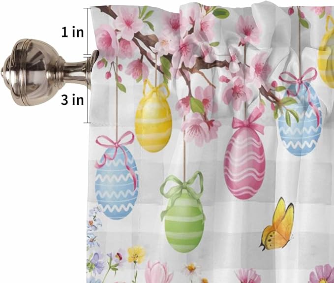 Happy Easter Kitchen Curtains 54 Inches length, Spring Watercolor Bunny Eggs Flower Grey Plaid Window Treatment Curtain Drapes, Thermal Insulated Drapes for Basement Hotel RV, 42"x54", 2 Panels
