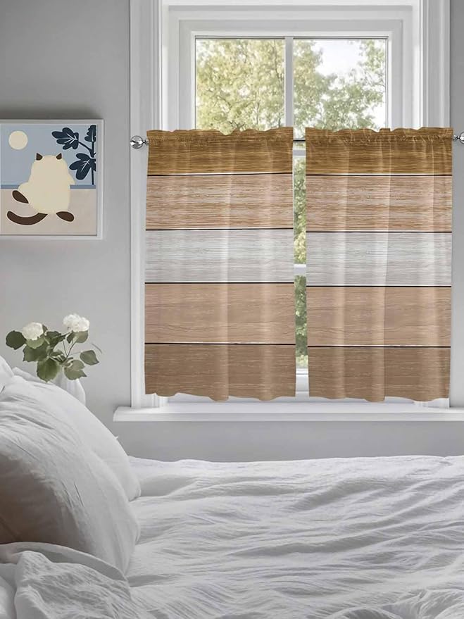 Retro Farm Wood Board Window Valance Curtains, Brown Graduality Striped Light Filtering Kitchen Valance with 3-inch Rod Pocket for Living Room Bathroom Bedroom,2 Panel,27.5x45In