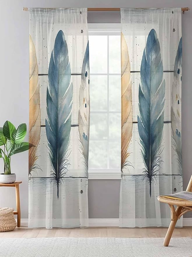 Sheer Curtains 84 Inches Long, Boho Blue Feathers Semi Sheer Curtains Light Filtering Window Treatment, Country Vintage Wooden Grain Privacy Voile Drapes for Living Room Bedroom 52x84 Inch