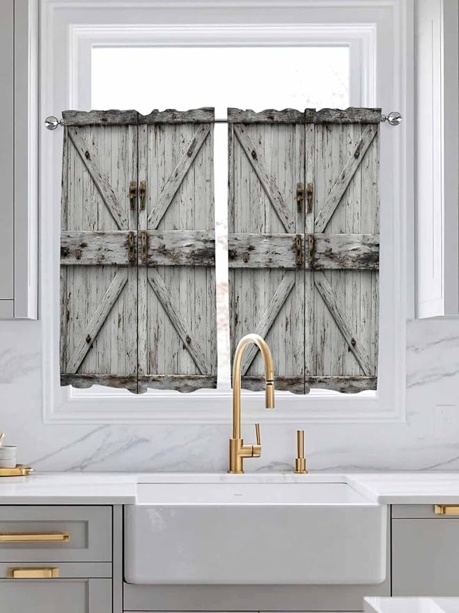 Vintage Gate Kitchen Curtains 45 Inches length, Farmhouse Wooden Grain Shabby Chic Door Window Treatment Curtain Drapes, Lightweight Window Panels for Living Room Bedroom, 52"x45", 2 Panels