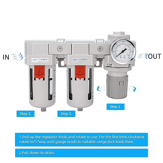 NANPU 3/8" NPT Air Drying System - Double Air Filters, Air Pressure Regulator Combo - Semi-Auto Drain, Poly Bowl