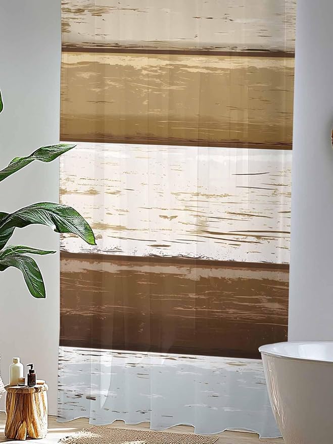 Sheer Curtains 96 Inches Long, Wood Grain Brown Semi Sheer Curtains Light Filtering Window Treatment, Farmhouse Vintage Country Geometric Privacy Voile Drapes for Living Room Bedroom 52x96 Inch