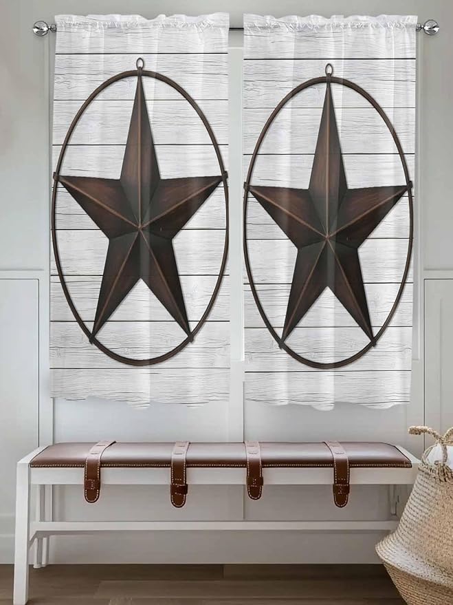 Vintage Farm Western Star Window Valance Curtains, White Wood Grain Light Filtering Kitchen Valance with 3-inch Rod Pocket for Living Room Bathroom Bedroom,2 Panel,42x63In