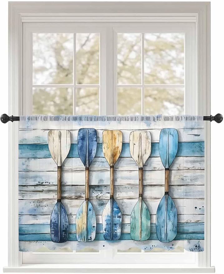 Sheer Curtains 45 Inch Length, Lake Paddle Striped Semi Sheer Curtains Light Filtering Window Treatment, Watercolor Vintage Wood Grain Privacy Voile Drapes for Living Room Bedroom 52x45 Inch