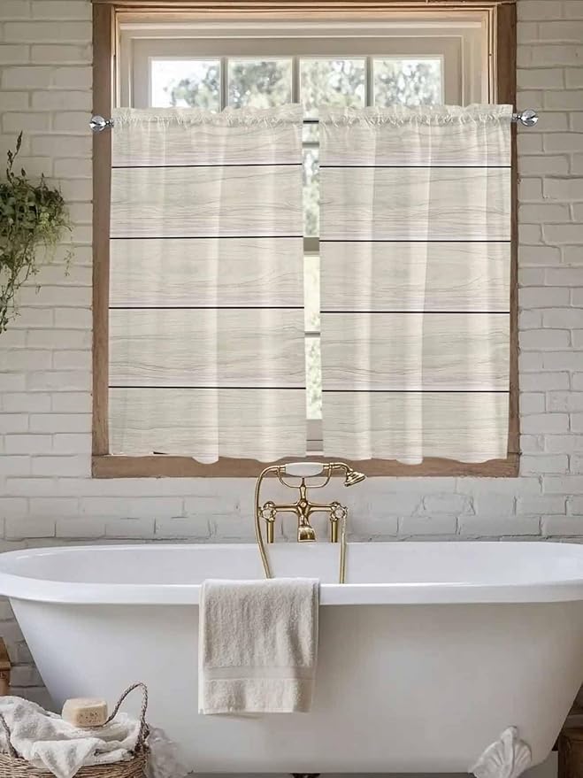 Vintage Country Wooden Board Window Valance Curtains, Gradient Wood Grain Line Light Filtering Kitchen Valance with 3-inch Rod Pocket for Living Room Bathroom Bedroom,2 Panel,52x45In